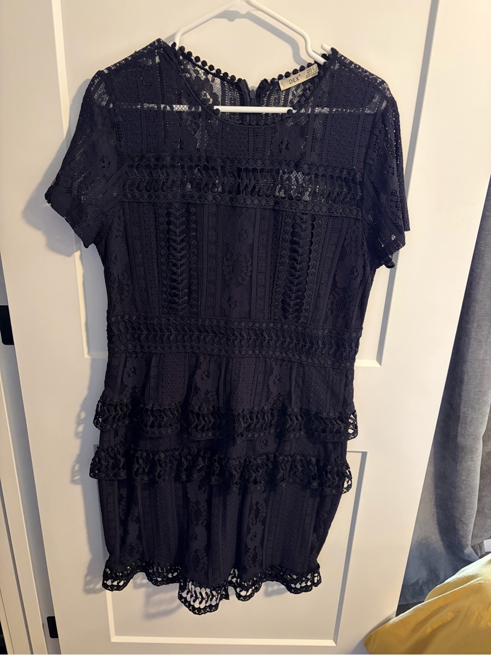 Dex Black Lace Short Sleeve Tiered Dress with Scallop Hem
